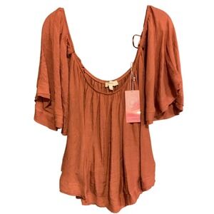 On The Road Terracotta Flutter Sleeve Boho Blouse Rust Textured Scoop Neck Top